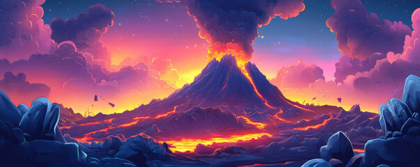 A dynamic cartoon volcano landscape with molten lava flowing down the sides, a dark, smoky sky, and a distant peak erupting in the background. The scene is intense and dramatic, with fiery colors and