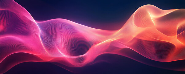 An abstract futuristic scene with swirling, neon-colored waves in pink and orange against a dark backdrop. The waves have a glowing effect, adding a dynamic and energetic feel.