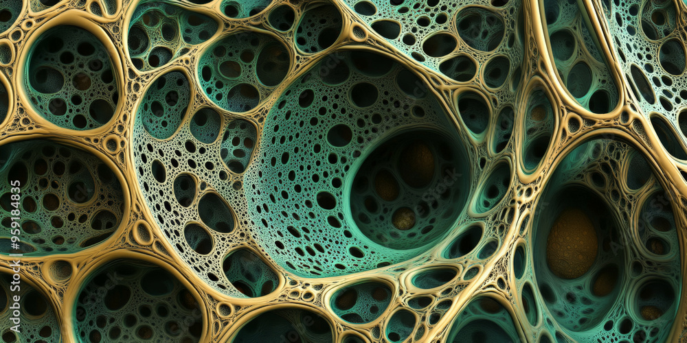 Poster a 3d abstract background with interwoven, lattice-like structures in shades of green and gold. the d