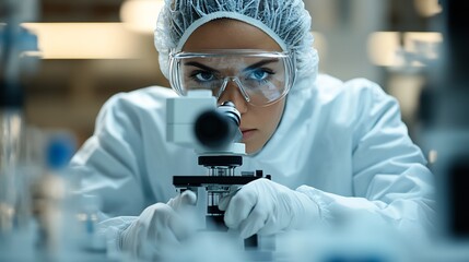 Medical researcher analyzing samples lab protective gear microscope focused concentration scientific environment