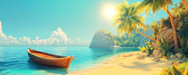 Fototapeta premium A 3D cartoon-style tropical island landscape with palm trees, golden sandy beaches, and crystal-clear turquoise waters. A small boat is anchored near the shore, and the sun shines brightly in the sky,