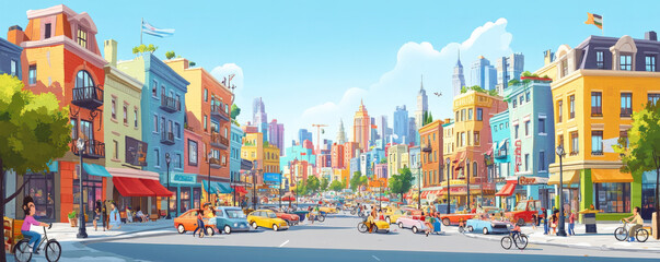 A lively cartoon cityscape with tall, colorful buildings, busy streets filled with cars and pedestrians, and a bright, clear sky overhead. The scene is bustling with energy, with street vendors,