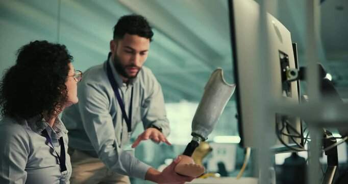 Leg prosthetic, computer or people with model for research, inclusive device and future development. Prosthetist, talking or design for artificial limb innovation, 3d foot or mobility engineering