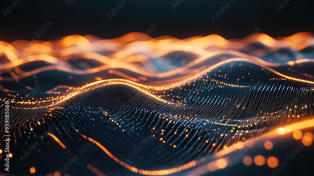 Poster abstract background featuring a wave of dots and woven lines illustrating a network connection struc