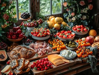 A table spread with fresh fruits, vegetables, cheese, bread, and meat.