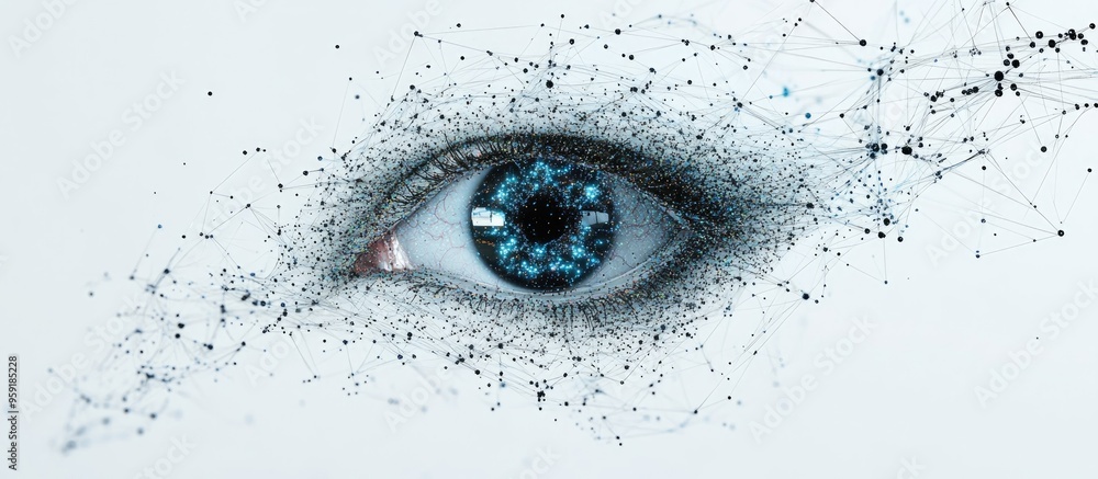 Poster isolated view of an artificial intelligence eye with interconnected points on a white background