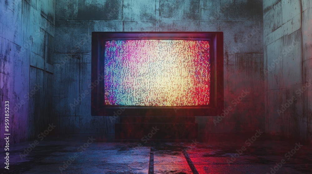Poster glitch art featuring an led analog tv test with a textured screen and a supernatural backdrop