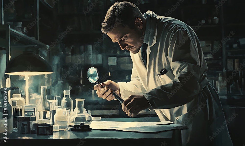 Poster scientist in a lab using a magnifying glass
