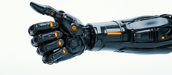 3D rendering of a robotic mechanical arm giving a thumbs up set against a white background