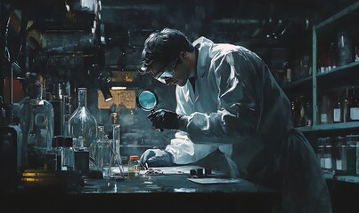 Fototapeta premium Scientist Examining a Vial with a Magnifying Glass in a Laboratory
