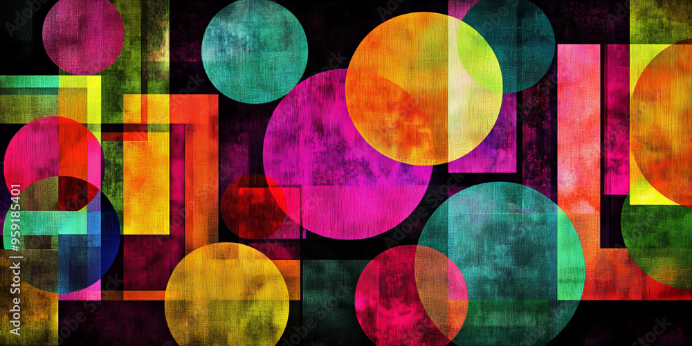 Poster a dynamic modern abstract design with overlapping circles and squares in a vibrant mix of neon color