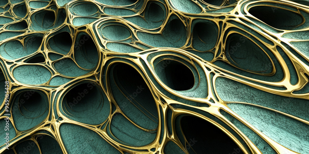 Poster a 3d abstract background with interwoven, lattice-like structures in shades of green and gold. the d