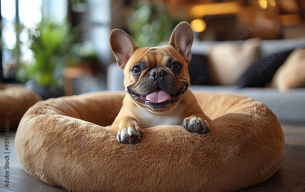 Canvas Prints A French Bulldog sits in a plush dog bed, looking up with a happy expression.