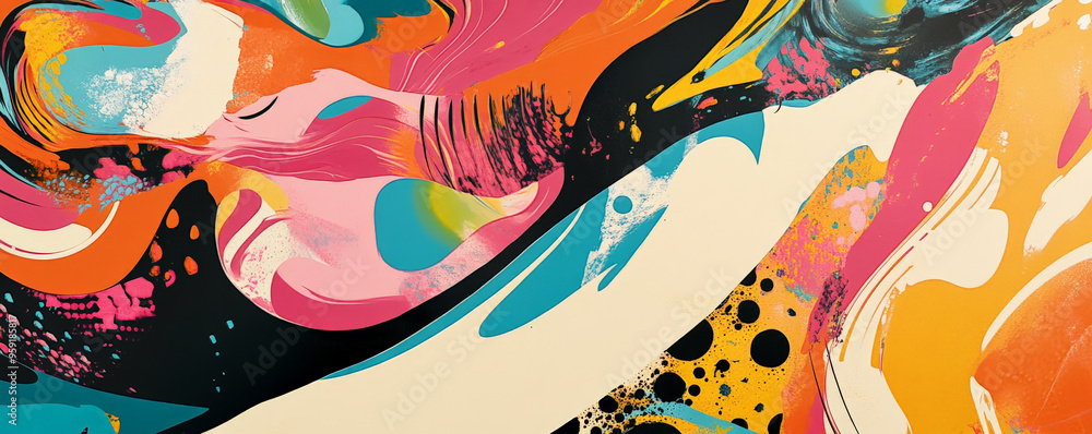 Poster a vibrant abstract design with a focus on color and movement. the composition includes swirling patt