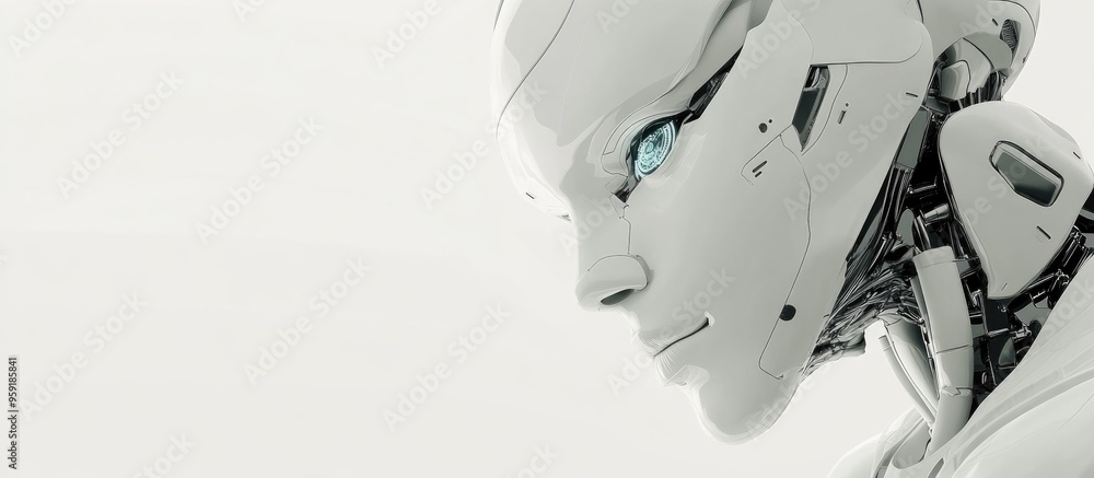 Poster detailed view of a white ai robot against a white background conceptual 3d cg representation of auto