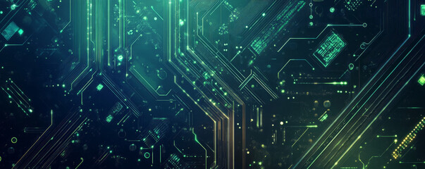 High-tech web design backdrop with a dark, textured background and glowing circuit patterns in green and blue. The design is sleek and futuristic, ideal for showcasing digital products or services.