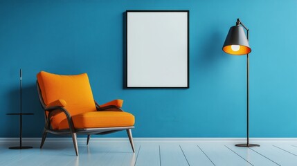 A stylish and vibrant living room showcasing an orange couch, minimalistic decor, and a lively blue wall, serving as an ideal source of inspiration for contemporary home design projects