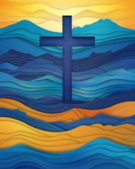 Cross against a colorful layered paper background depicting sunset