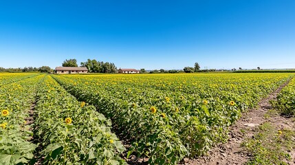 A sunflower field illuminated by the golden rays of the rising sun.






