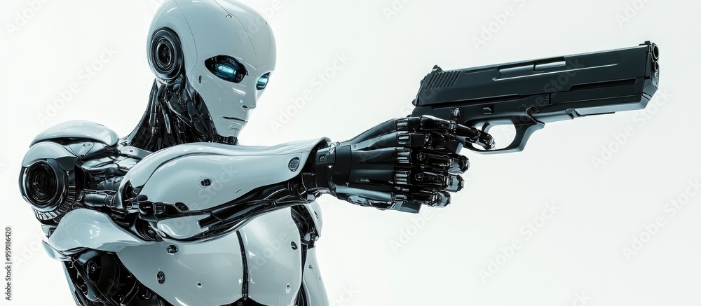 Poster futuristic humanoid robot wielding a firearm upper body displayed against a white background 3d rend