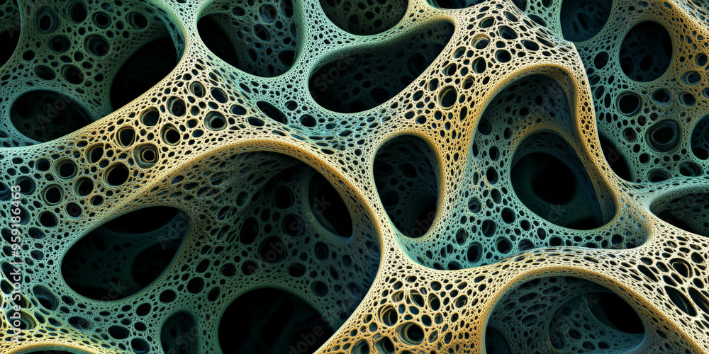 Poster a 3d abstract background with interwoven, lattice-like structures in shades of green and gold. the d
