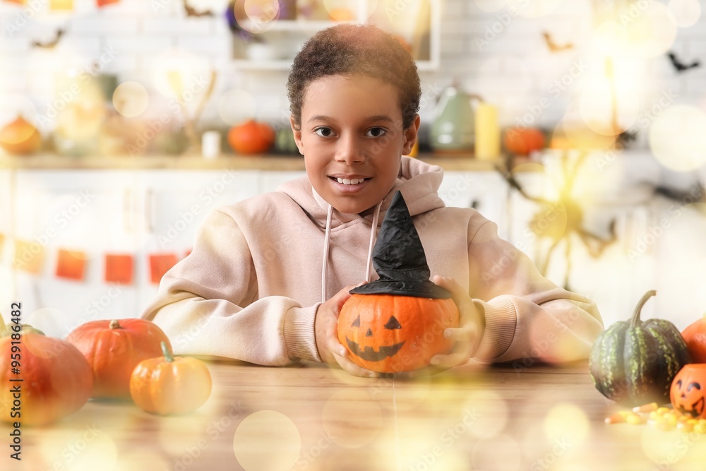 Sticker african-american boy with halloween pumpkin in kitchen