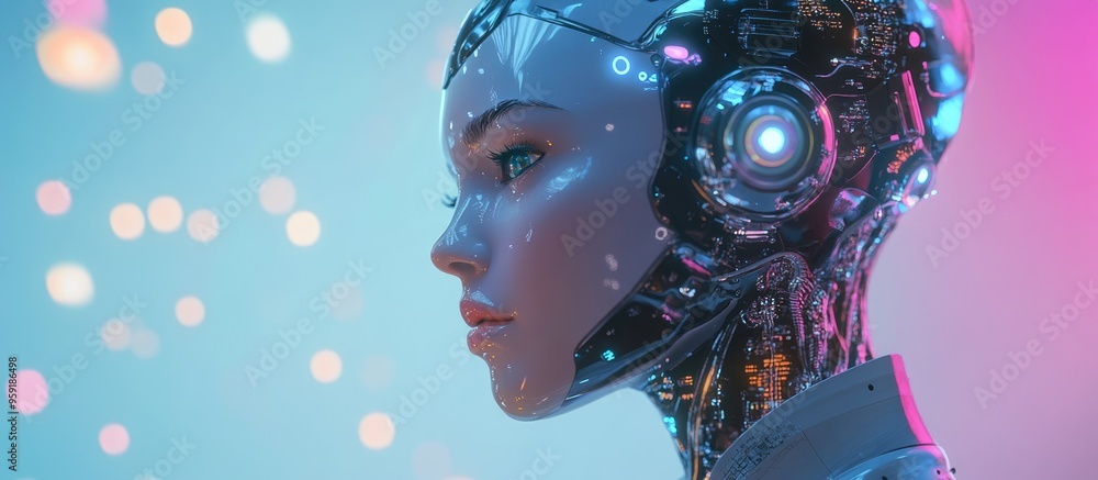 Poster female humanoid robot representing artificial intelligence and innovation depicted in a 3d rendered 
