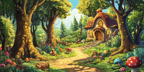 Fototapeta premium A whimsical cartoon forest landscape with towering trees, colorful mushrooms, and a winding path leading to a cozy cottage. The scene is full of life and charm, with playful animals peeking out from