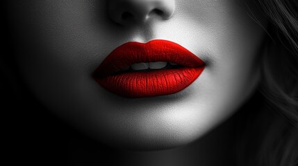 Obraz premium Close-up of woman's red lips in black and white portrait