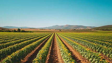 A vibrant sunflower field bathed in the warm golden light of sunrise.
