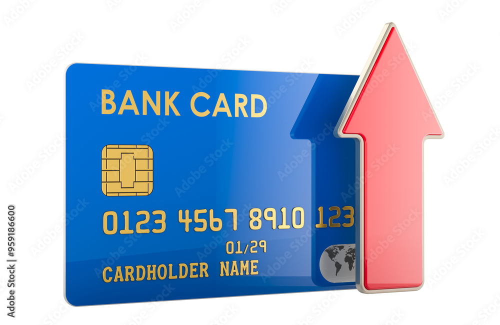 Aufkleber money send, concept. credit card with red arrow up. 3d rendering isolated on transparent background