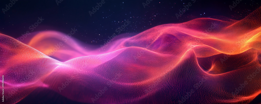 Poster an abstract futuristic scene with swirling, neon-colored waves in pink and orange against a dark bac