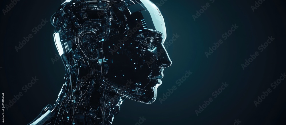 Poster cyborg head representing artificial intelligence isolated against a dark background in a 3d renderin