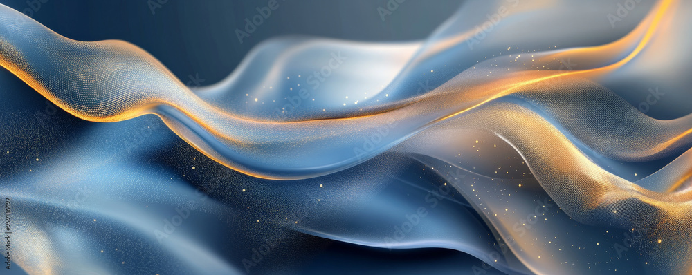 Poster a stylish abstract background with flowing shapes in muted blue and gold. the design features a high