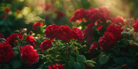 Colorful red blooms blossom among vibrant green foliage enhancing the beauty of the garden scenery