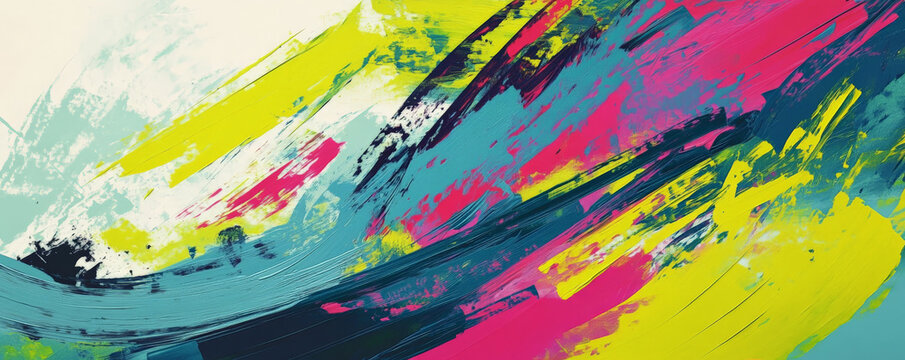 A dynamic abstract design with bold, oversized brushstrokes in vibrant colors like magenta, cyan, and lime green. The design is expressive and chaotic, with a strong visual impact.