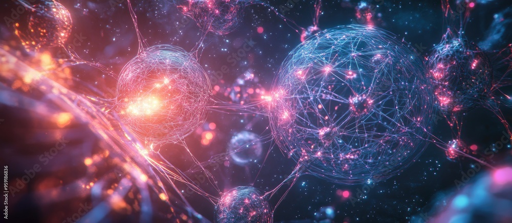 Poster futuristic illustration of a cyber network system featuring ai technology robotic structures chemica