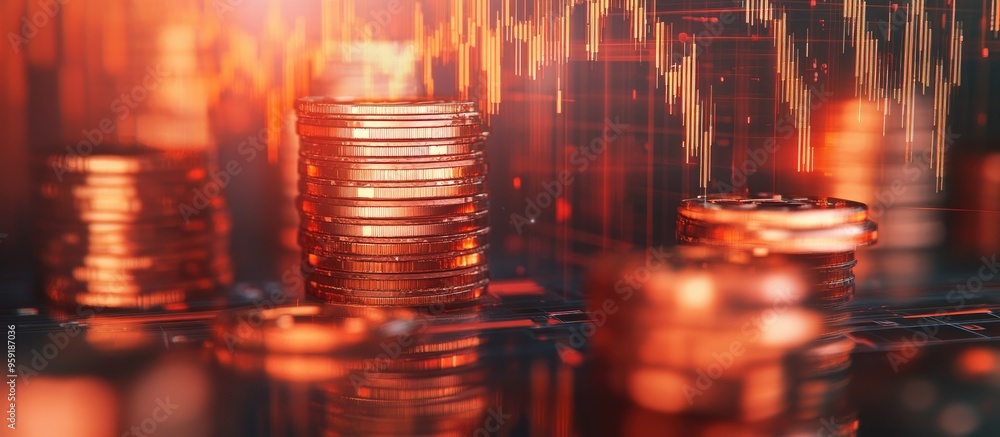Poster double exposure of coin stacks layered over a technological financial graph visual representation of