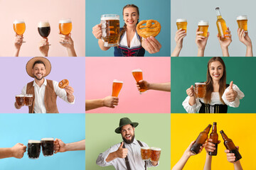 Set of German people with tasty beer on color background. Octoberfest celebration