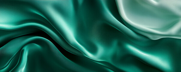 Fototapeta premium An abstract background showcasing 3D silk fabric with a gradient from deep emerald to light jade. The fabric waves add a sense of opulence and sophistication.