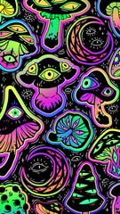 Illustration of magical fairy mushrooms with eyes