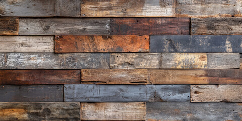 Naklejka premium Reclaimed wooden backdrop featuring a mix of unevenly cut, weathered planks in various shades of brown and gray. The wood shows signs of age with rough textures, cracks, and faded paint remnants,