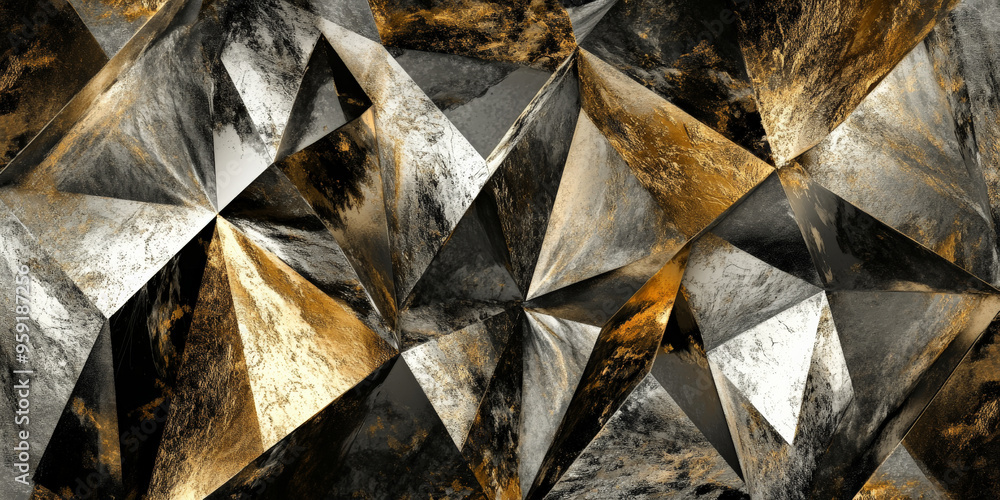 Poster modern abstract backdrop featuring a mix of angular, jagged shapes in metallic gold and silver again