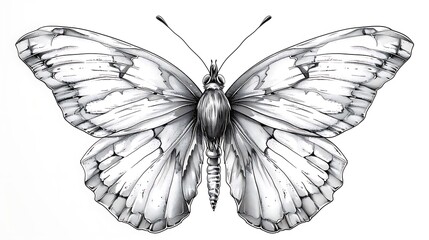 Simple butterfly sketch, line illustration isolated on solid white background. 32k, full ultra HD, high resolution