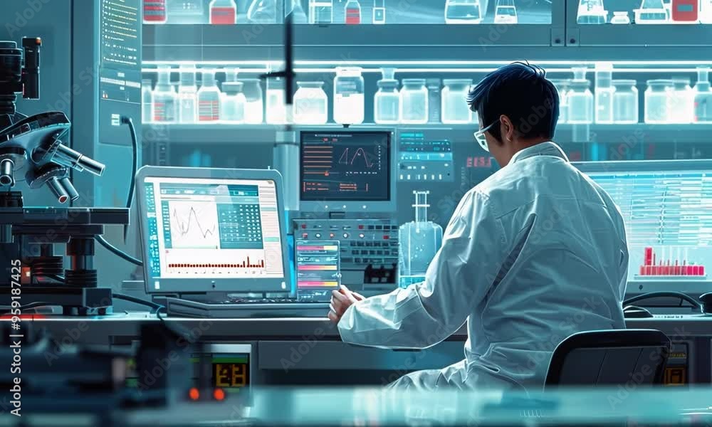 Poster a scientist conducting experiments in a high-tech laboratory, surrounded by cutting-edge equipment. 