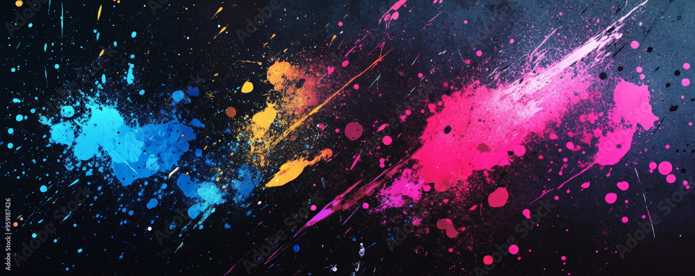 Wall mural Abstract art backdrop with chaotic splatters of paint in vibrant neon colors against a dark background. The high-energy design is bold and unrestrained, making it perfect for spaces that embrace