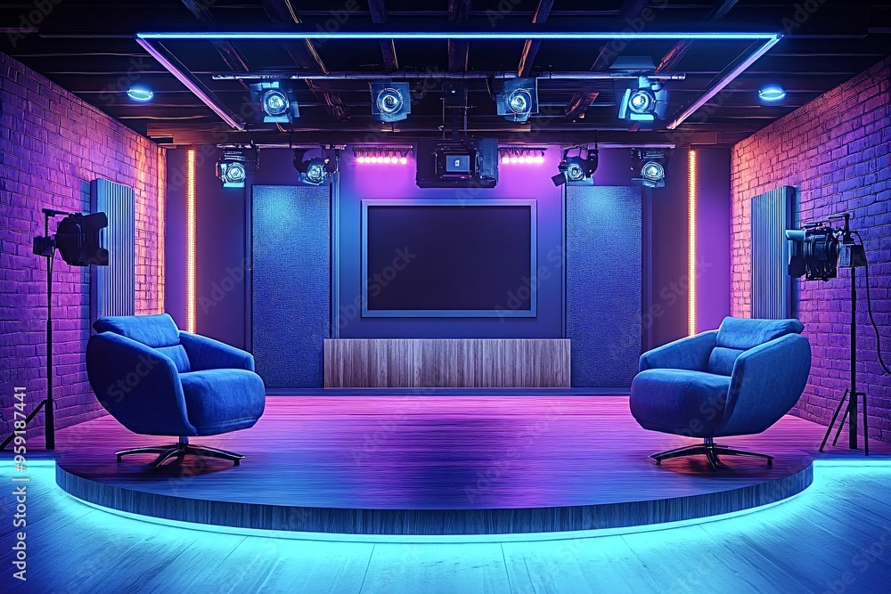 Poster modern television studio with a futuristic design is ready to host a talk show, with two armchairs o