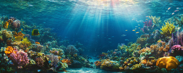 Fototapeta premium A tropical ocean bottom with a vibrant coral reef teeming with life. The colorful corals form intricate structures, providing shelter for schools of fish and other marine creatures. Sunlight dances