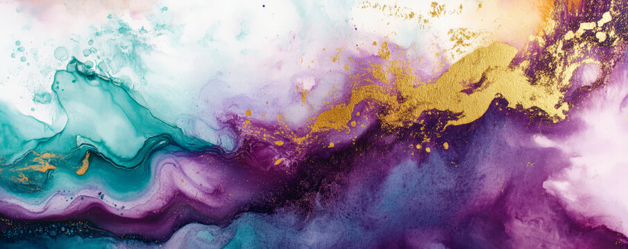 A dynamic scene with an explosion of watercolor paints in rich shades of purple, gold, and teal. The colors blend and flow together, creating a striking and fluid abstract background.