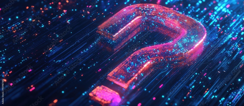 Poster futuristic glowing question mark featuring plexus lines and glitter particles designed in a neon lig